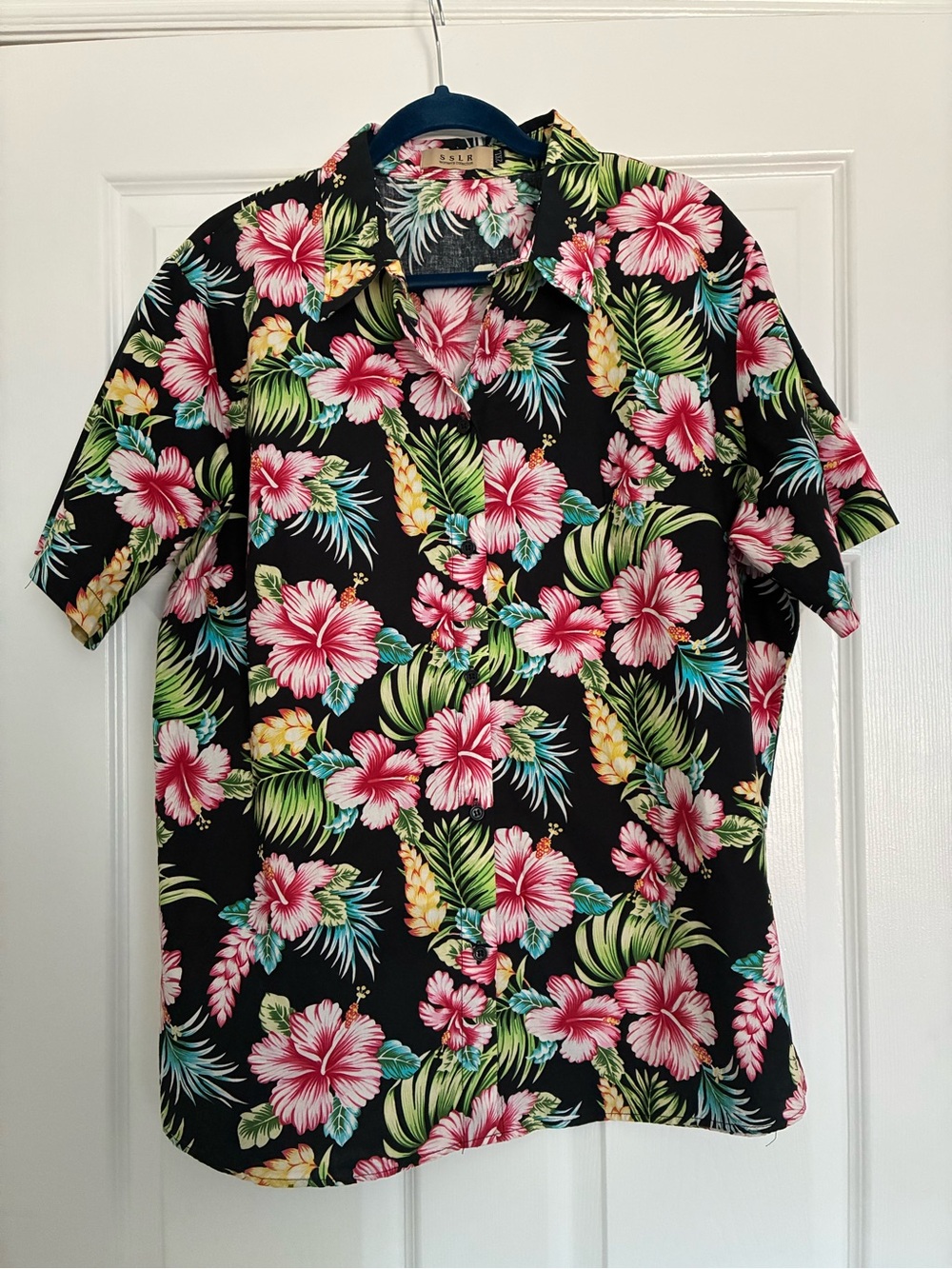 Tropical Floral Button-Down Shirt - Black with Pink Hibiscus